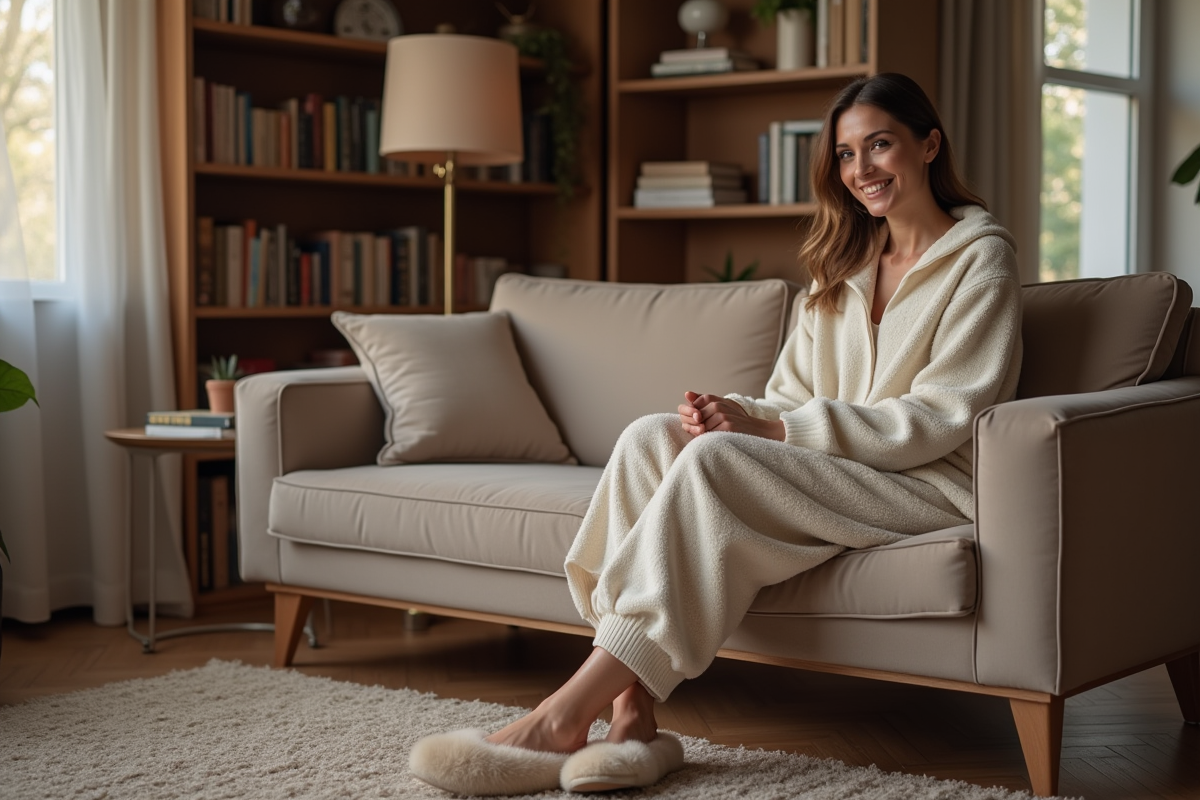 Femme en loungewear avec slippers en peluche dans un salon chaleureux
