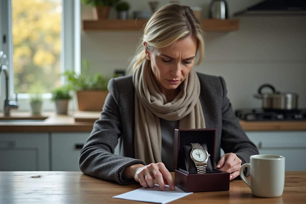 Femme lit un manuel avec sa montre de luxe dans la cuisine
