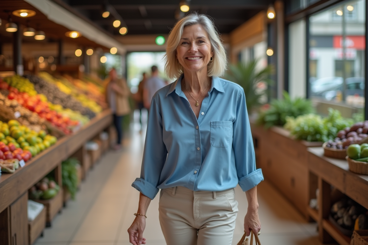 Femme marchant dans un marché intérieur français
