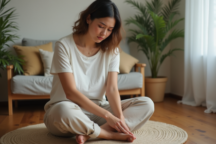 Femme assise sur un banc en intérieur se massant le pied