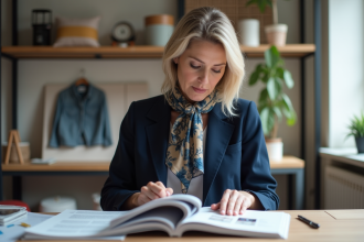 Femme élégante en blazer bleu examinant un magazine de mode