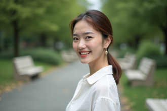 Femme souriante dans un parc urbain en extérieur