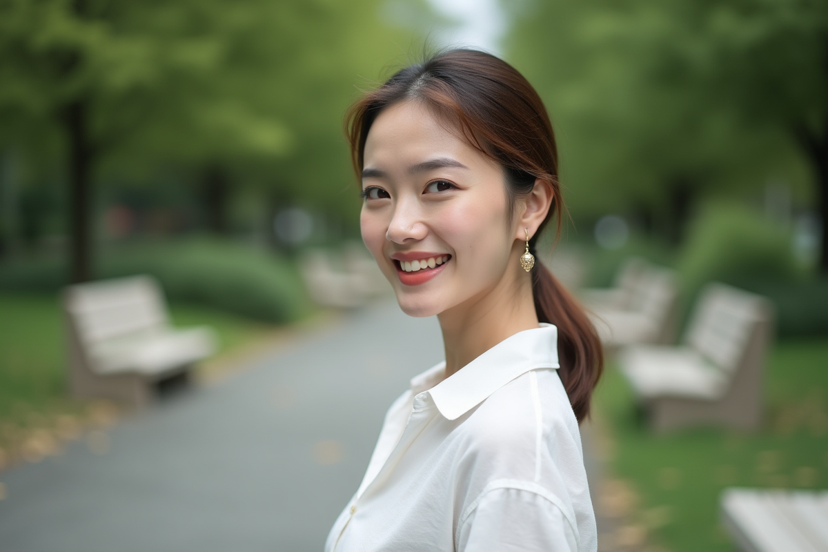 Femme souriante dans un parc urbain en extérieur