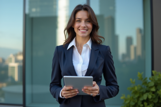 Femme confiante en costume navy devant un immeuble moderne