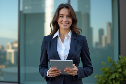Femme confiante en costume navy devant un immeuble moderne