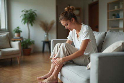 Femme assise se massant les pieds dans un salon cosy