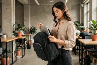 Jeune femme rangeant son ordinateur portable dans un sac à dos femme rembourré dans un espace de coworking moderne
