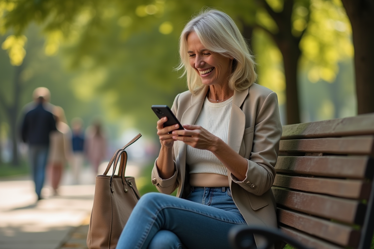 Femme souriante assise dans un parc ensoleille