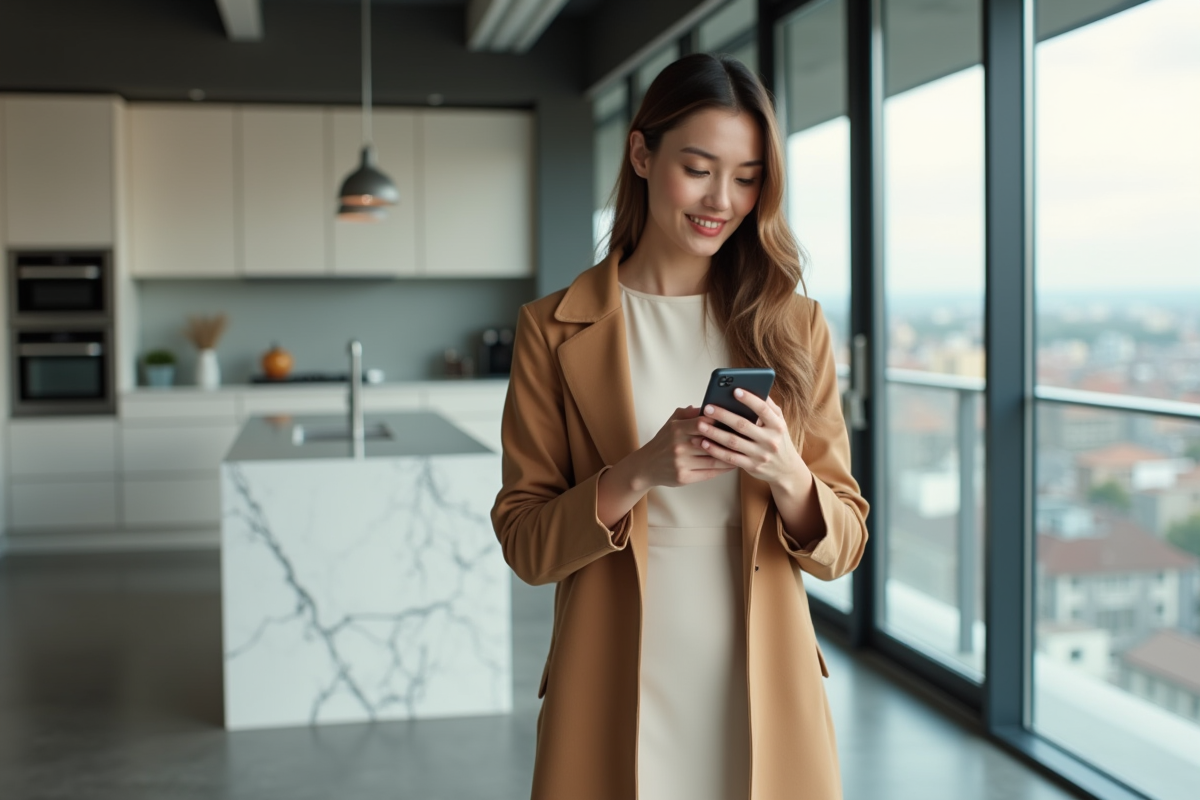 Femme élégante en manteau camel et robe crème dans un loft moderne