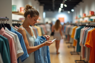 Femme d'âge moyen examinant une étiquette de soldes dans un magasin moderne