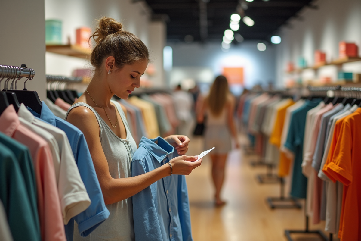 Femme d'âge moyen examinant une étiquette de soldes dans un magasin moderne