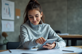 Jeune femme en veste intelligente dans un espace moderne