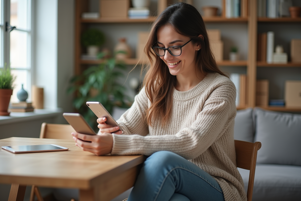Femme souriante utilisant son smartphone pour shopping à la maison