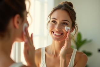 Femme souriante appliquant crème visage devant miroir soleil