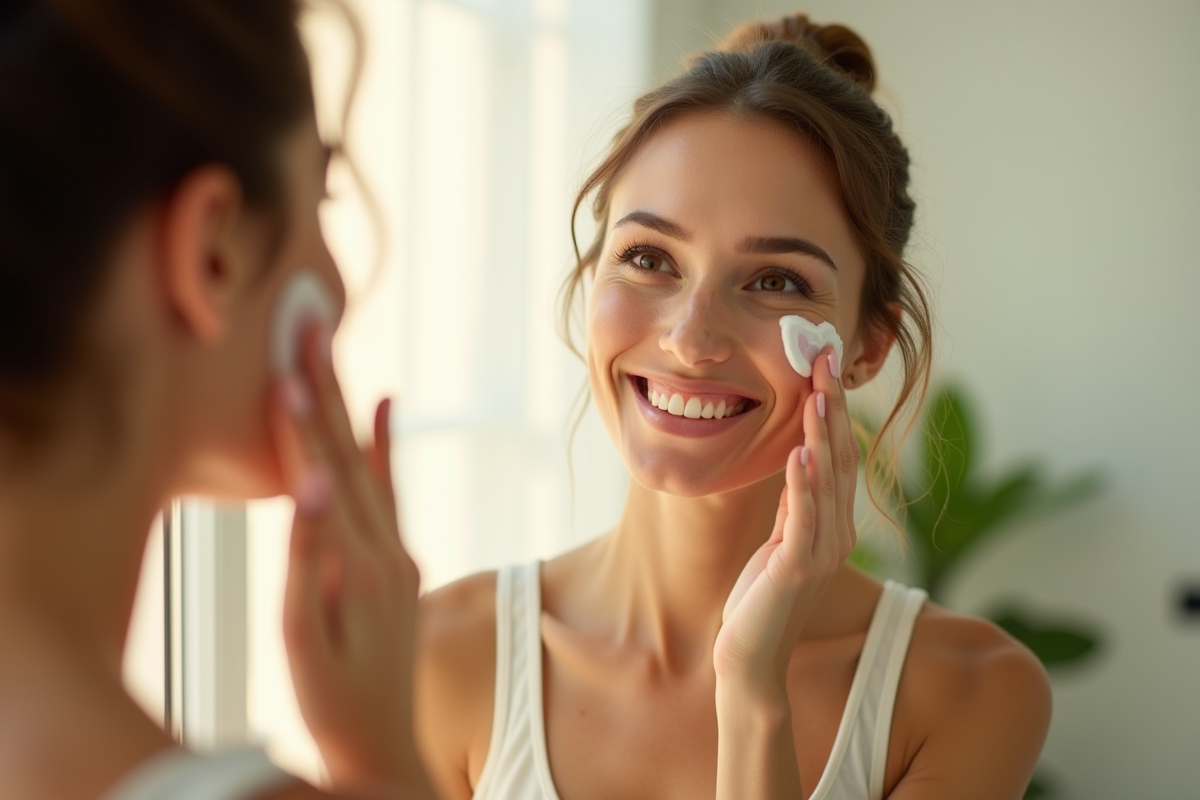 Femme souriante appliquant crème visage devant miroir soleil