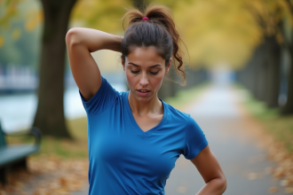 Jeune femme en course avec sueur légère sur T-shirt bleu