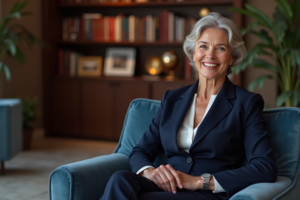 Femme élégante en tailleur navy dans un salon cosy