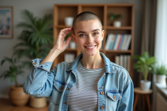 Femme à tête rasée dans un appartement moderne