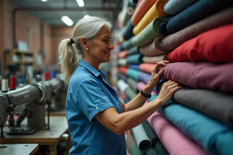Femme inspectant des rouleaux de tissu dans un atelier textile