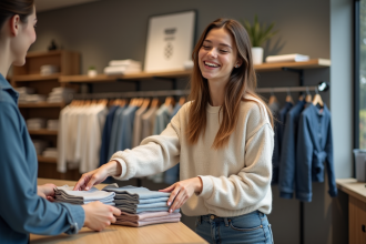 Jeune femme vendant des vêtements dans un magasin moderne