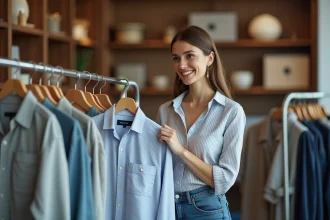 Femme souriante tenant deux chemises dans une boutique de vêtements