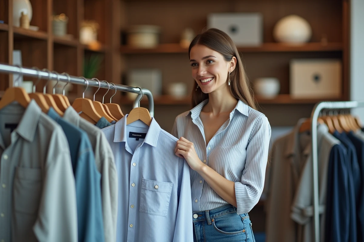 Femme souriante tenant deux chemises dans une boutique de vêtements