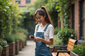 Jeune femme en coton bio et denim recyclé dans un jardin urbain