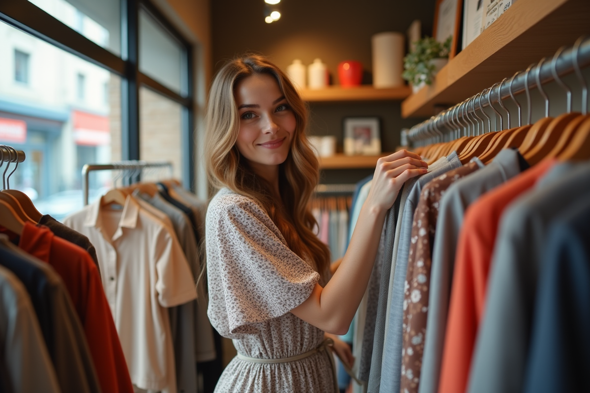 Jeune femme choisissant une tenue dans une boutique de mode