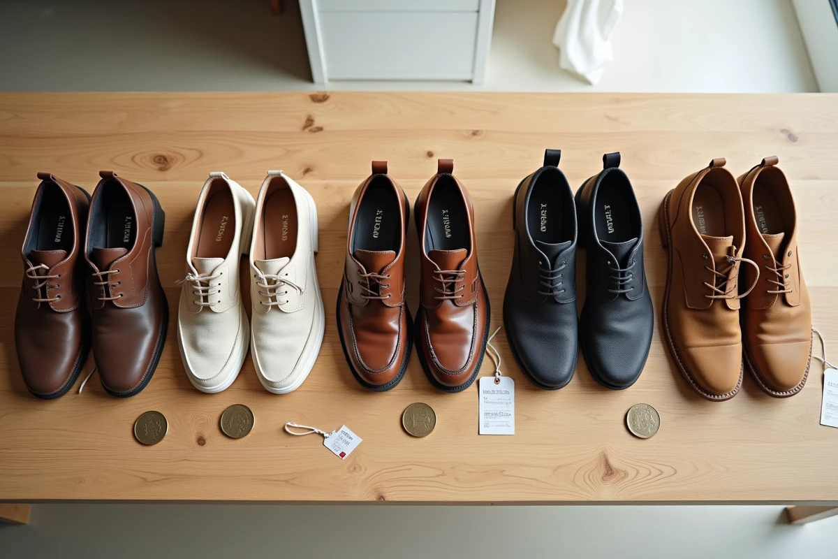 Flat lay de chaussures de grandes marques soldées avec étiquettes de prix sur table en bois