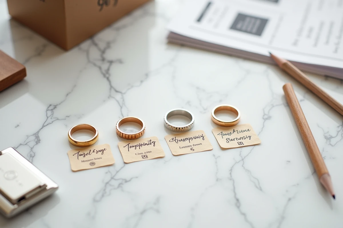 Flat-lay de chevalières en or et argent avec guide de personnalisation et options de gravure sur marbre blanc