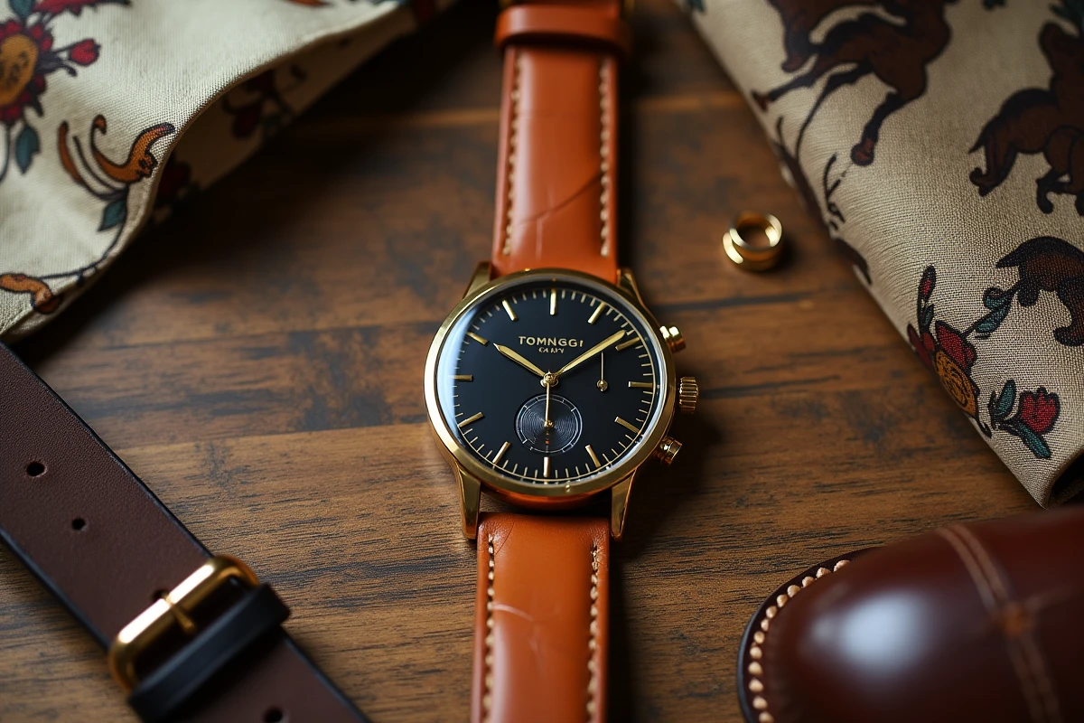 Flat lay montre double bracelet cuir camel et accessoires équestres sur bois rustique, inspiration bracelet Hermès femme