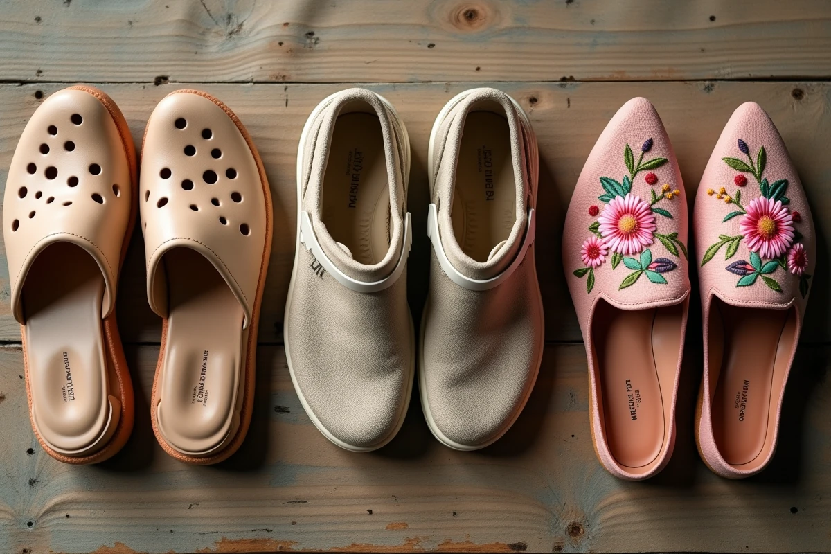 Flatlay de trois paires de chaussures laides aux designs ratés sur une table en bois, sabots plastique, sneakers plateforme et mules fleuries