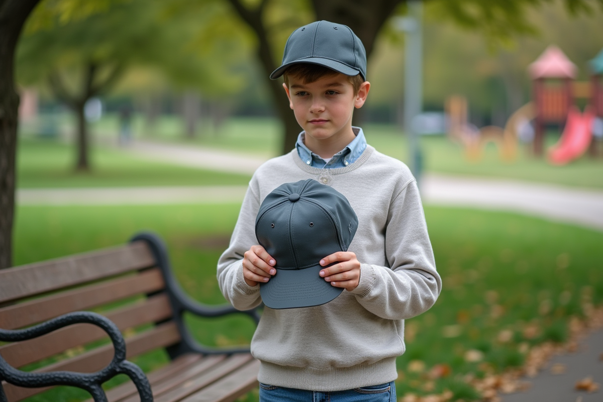 Adolescent appliquant du ruban sur un chapeau dans un parc