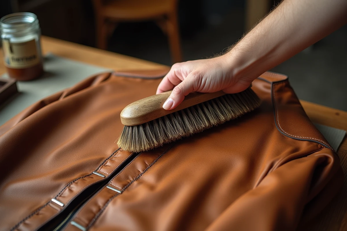 Gros plan sur un blouson en cuir cognac brossé avec une brosse en crin de cheval, montrant le contraste entre cuir négligé et cuir revitalisé