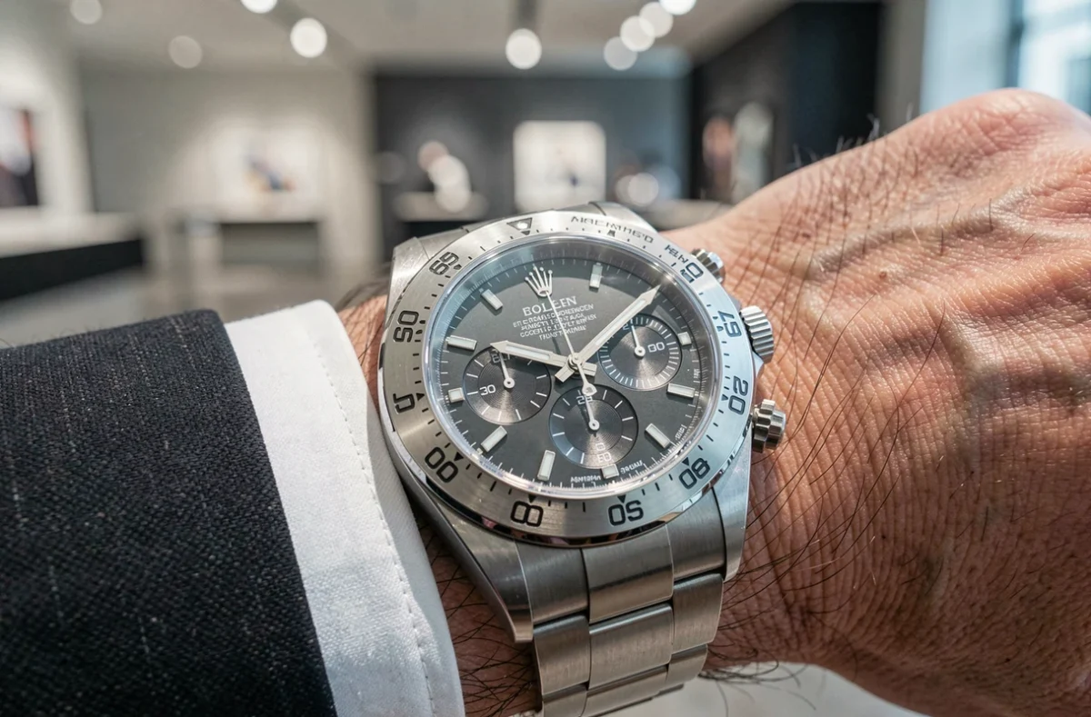 Gros plan d'une Rolex Daytona portée au poignet dans un contexte de vente aux enchères horlogères