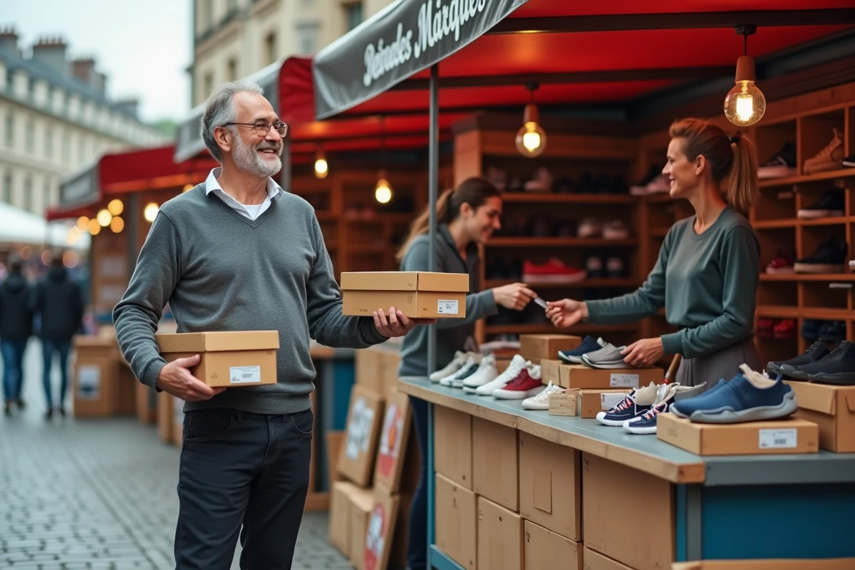Homme achetant des chaussures de grandes marques à prix réduit sur un stand de destockage en plein air