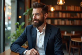 Homme élégant avec barbe Van Dyke dans un café européen