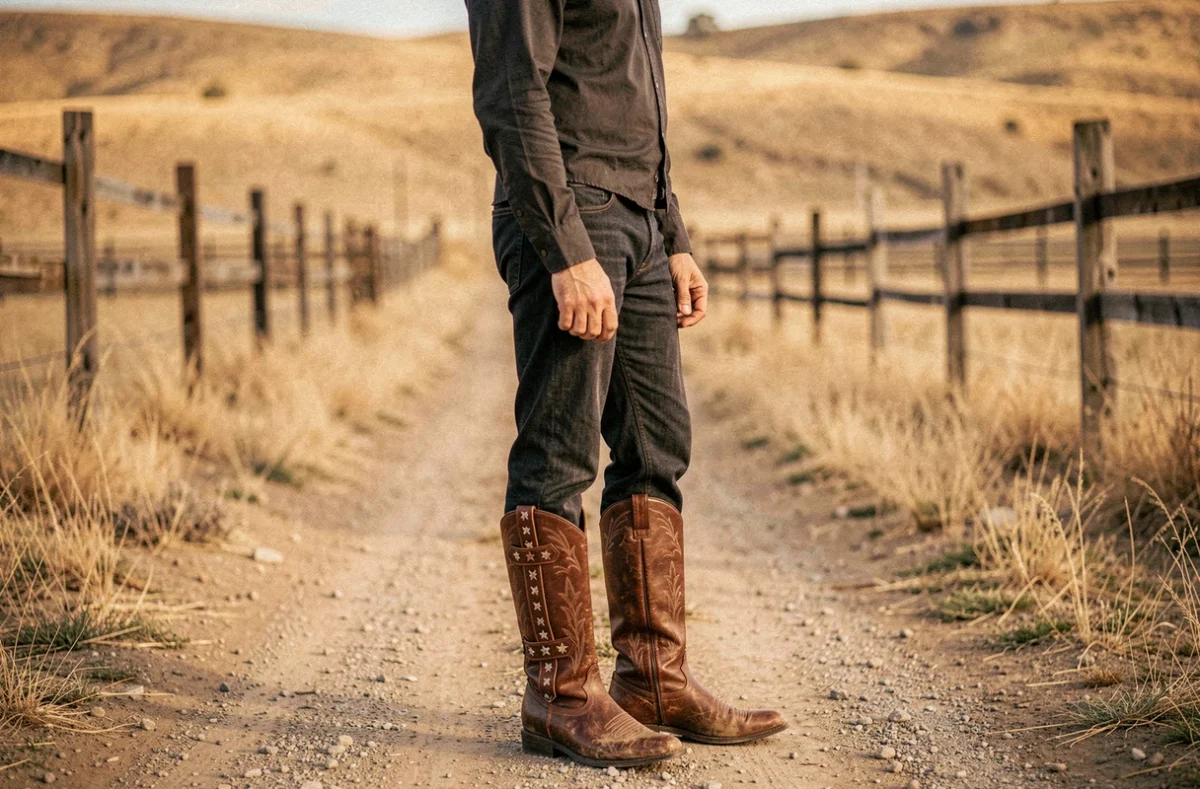 Homme portant des bottes cowboy western authentiques en cuir avec incrustations décoratives sur un chemin de ranch poussiéreux en plein air