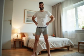 Homme en boxer personnalisé humoristique dans une chambre moderne souriant avec autodérision