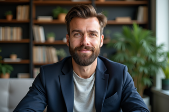 Homme en blazer dans un bureau moderne avec étagères