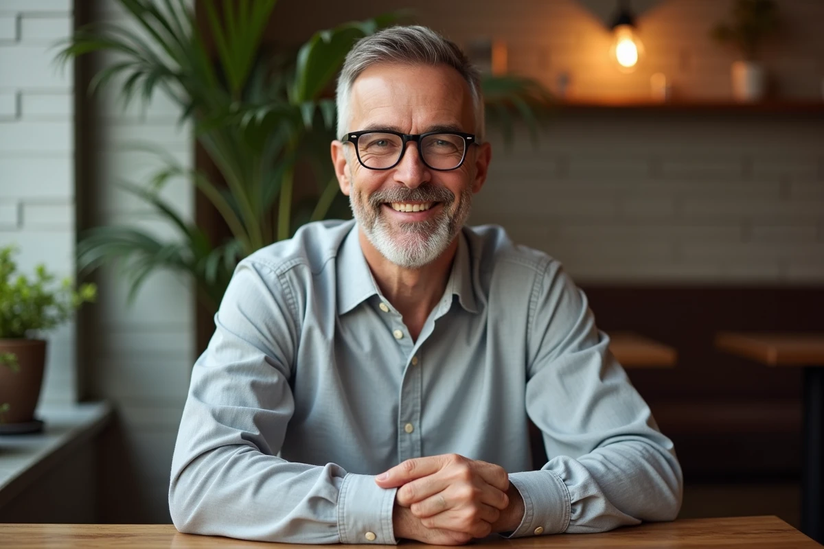 Homme souriant avec lunettes dans un café chaleureux