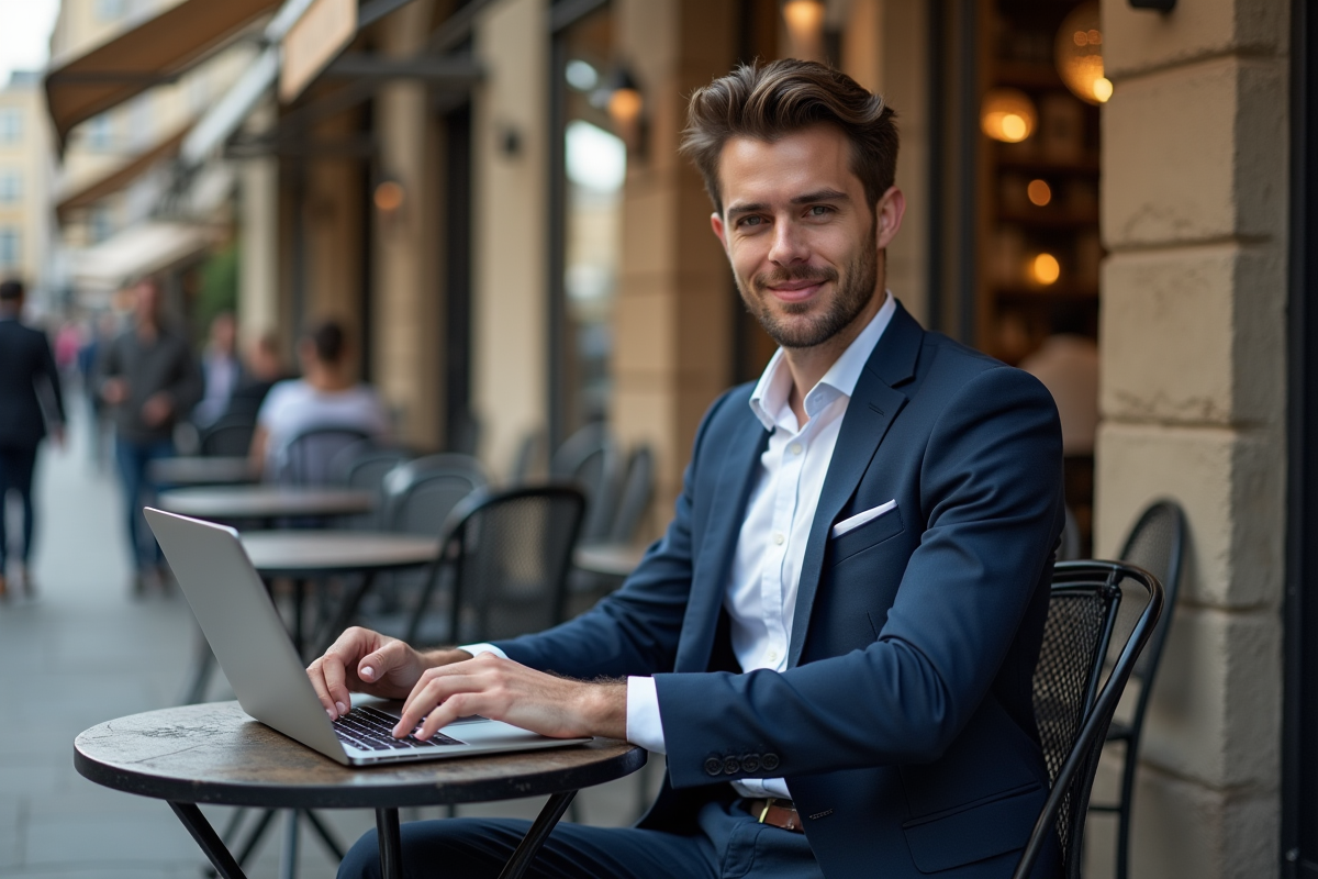 Homme en blazer navy sur une terrasse de café en ville