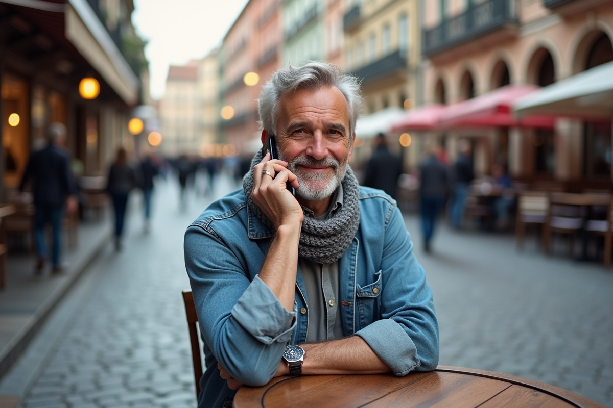 Homme décontracté parlant au téléphone dans un café urbain