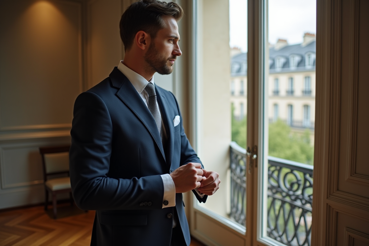 Homme en costume ajustant ses manchettes dans un appartement parisien