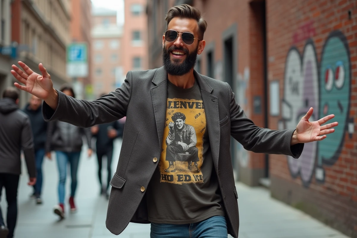 Homme en style 80s dansant dans la rue urbaine