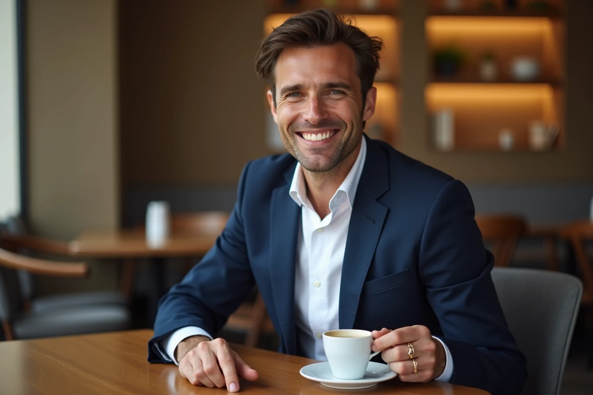 Homme élégant dans un café parisien portant une bague Cartier Love en or rose au doigt