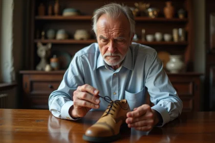 Homme de 60 ans examinant un arbre à chaussures en bois usé