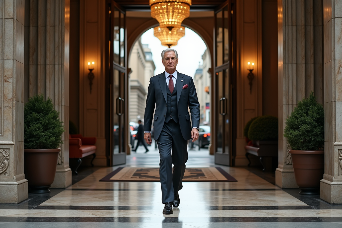 Homme en costume trois pièces marchant devant une entrée de mode historique