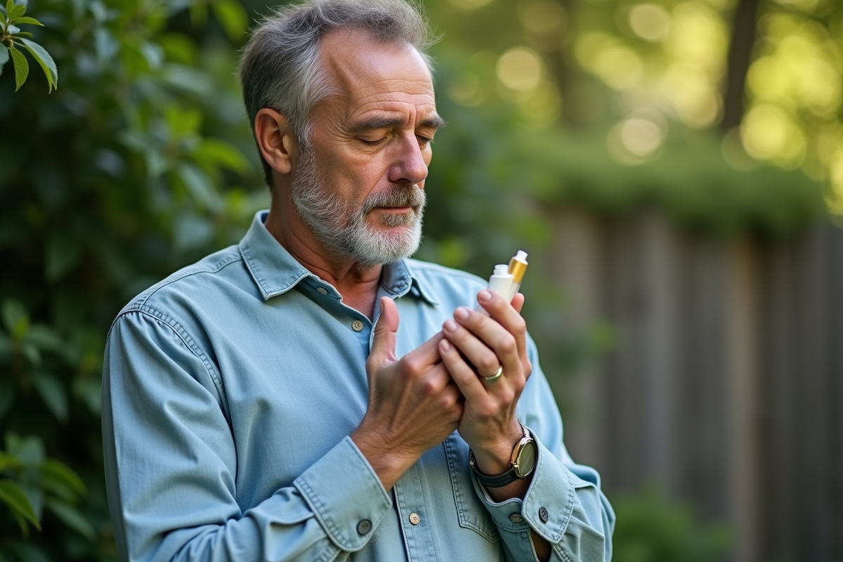 Homme appliquant un soin lèvres dans un jardin