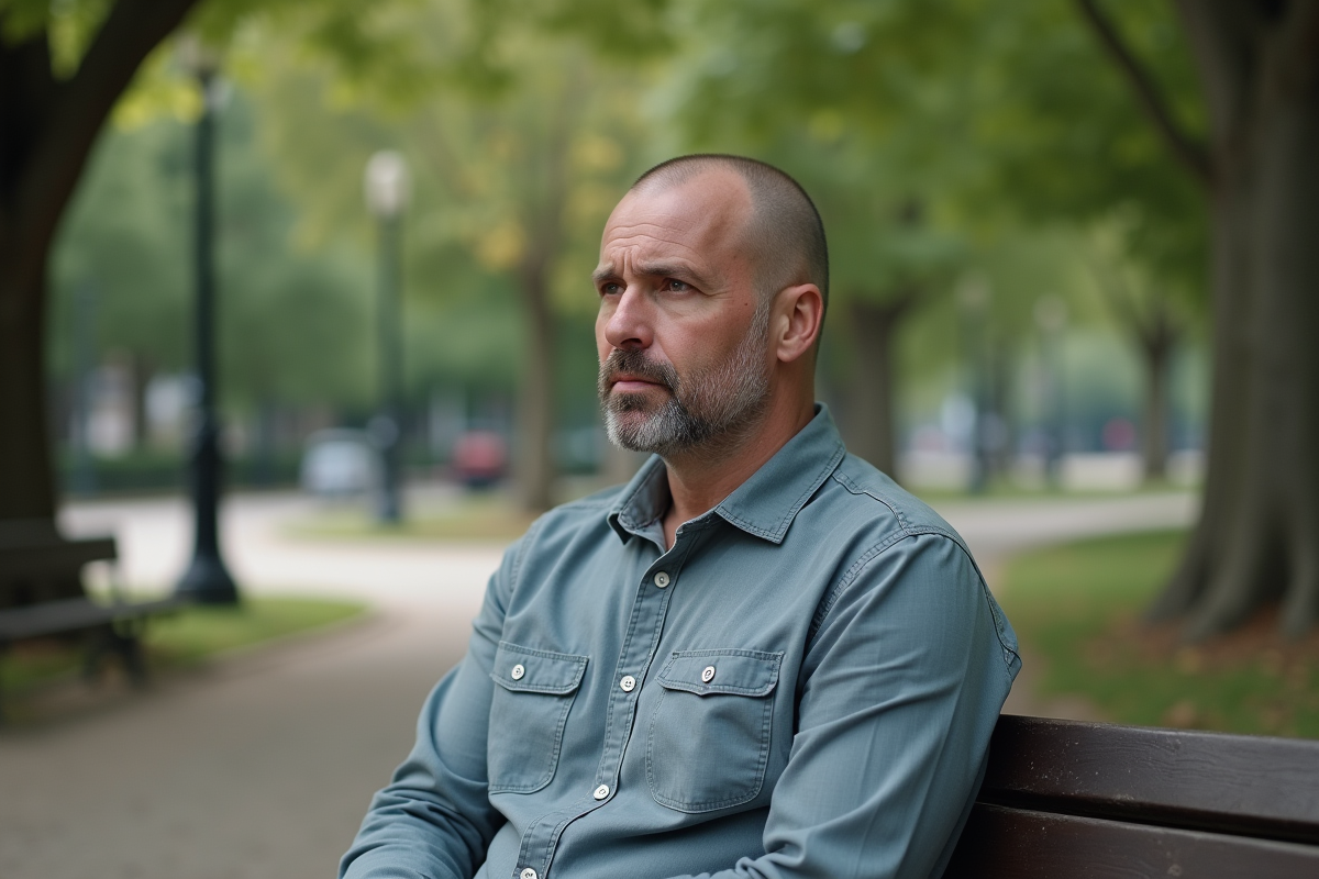 Homme rasé assis sur un banc dans un parc urbain
